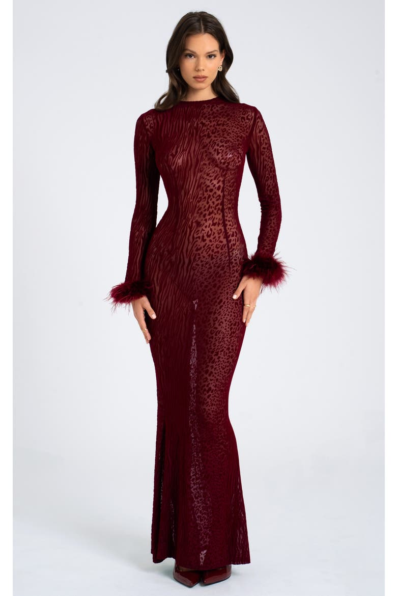 Patricia Leopard Burnout Velvet Mesh Backless Maxi Dress, Main, color, Burgundy