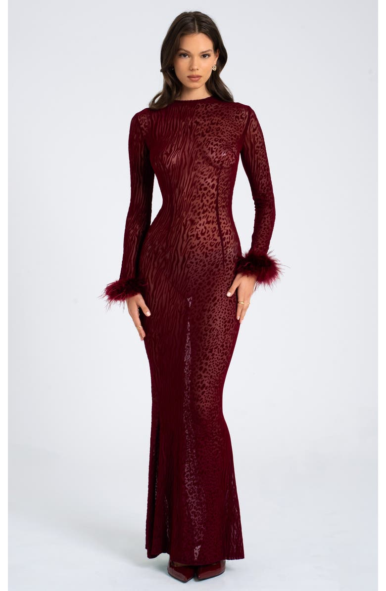 Miss Circle Patricia Leopard Burnout Velvet Mesh Backless Maxi Dress, Main, color, Burgundy