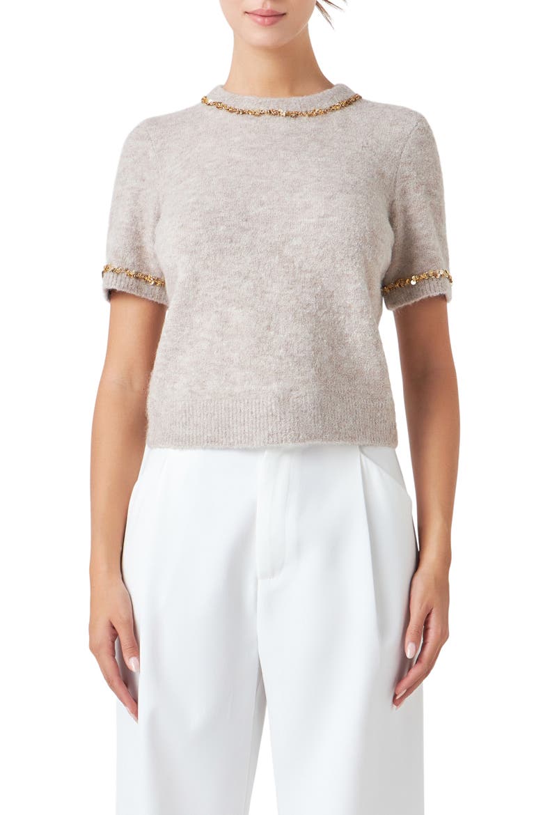 Paillette Trim Short Sleeve Sweater, Main, color, TAUPE