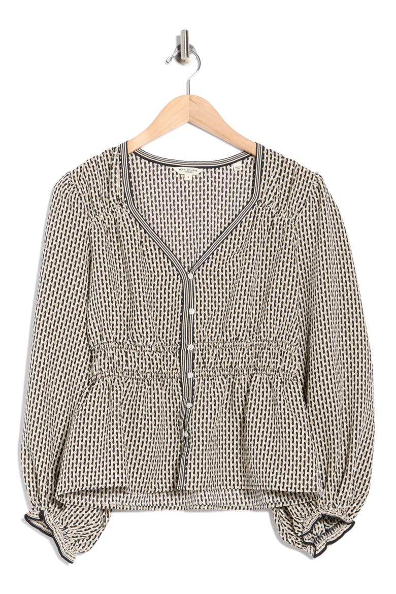 Balloon Sleeve Button-Up Peplum Top, Alternate, color, BLACK/ KHAKI DOTTED