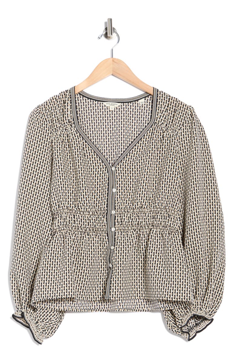 MAX STUDIO Balloon Sleeve Button-Up Peplum Top, Main, color, Black/ Khaki Dotted