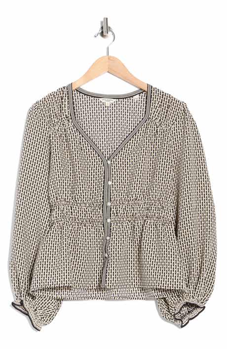 MAX STUDIO Balloon Sleeve Button-Up Peplum Top