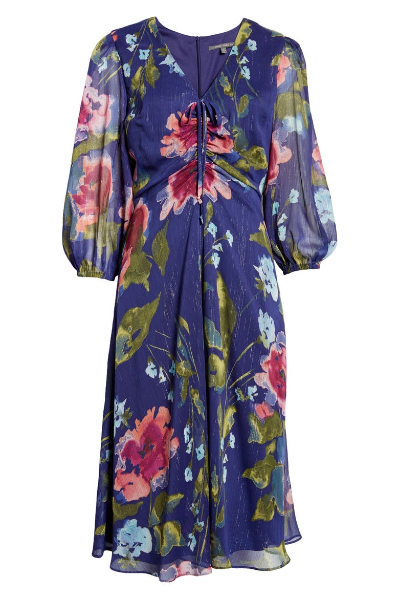 Floral Ruched Front Midi Dress, Alternate, color, NAVY MULTI