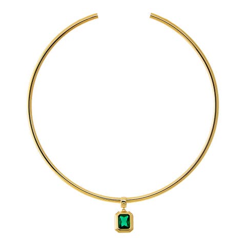 Colored CZ Emerald Bezel/ Solid Tube Open Collar Pendant Necklace