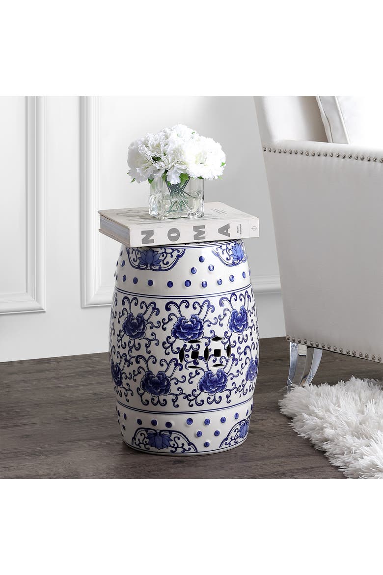 Lotus Flower Traditional Floral Chinoiserie Ceramic Drum Garden Stool, Pierced Indoor/Outdoor Patio Seat & Side Table, Alternate, color, Blue/White
