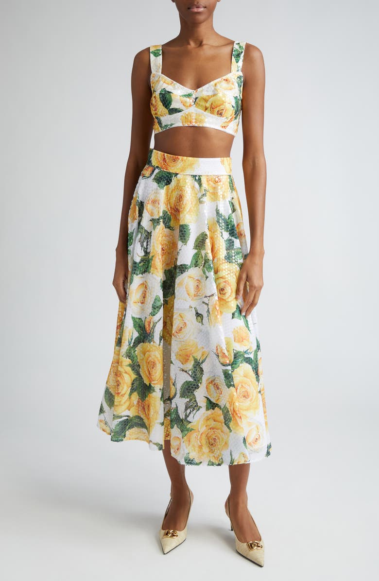 Dolce&Gabbana Rose Print Sequin A-Line Skirt, Alternate, color, 