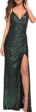 La Femme Long Sequin Gown in Jewel Tones with V Neckline