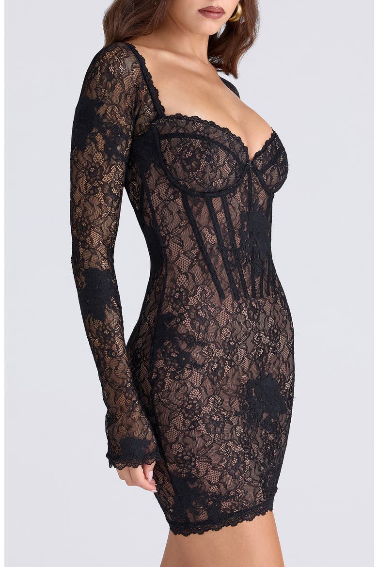Lucienne Long Sleeve Stretch Lace Minidress, Alternate, color, BLACK