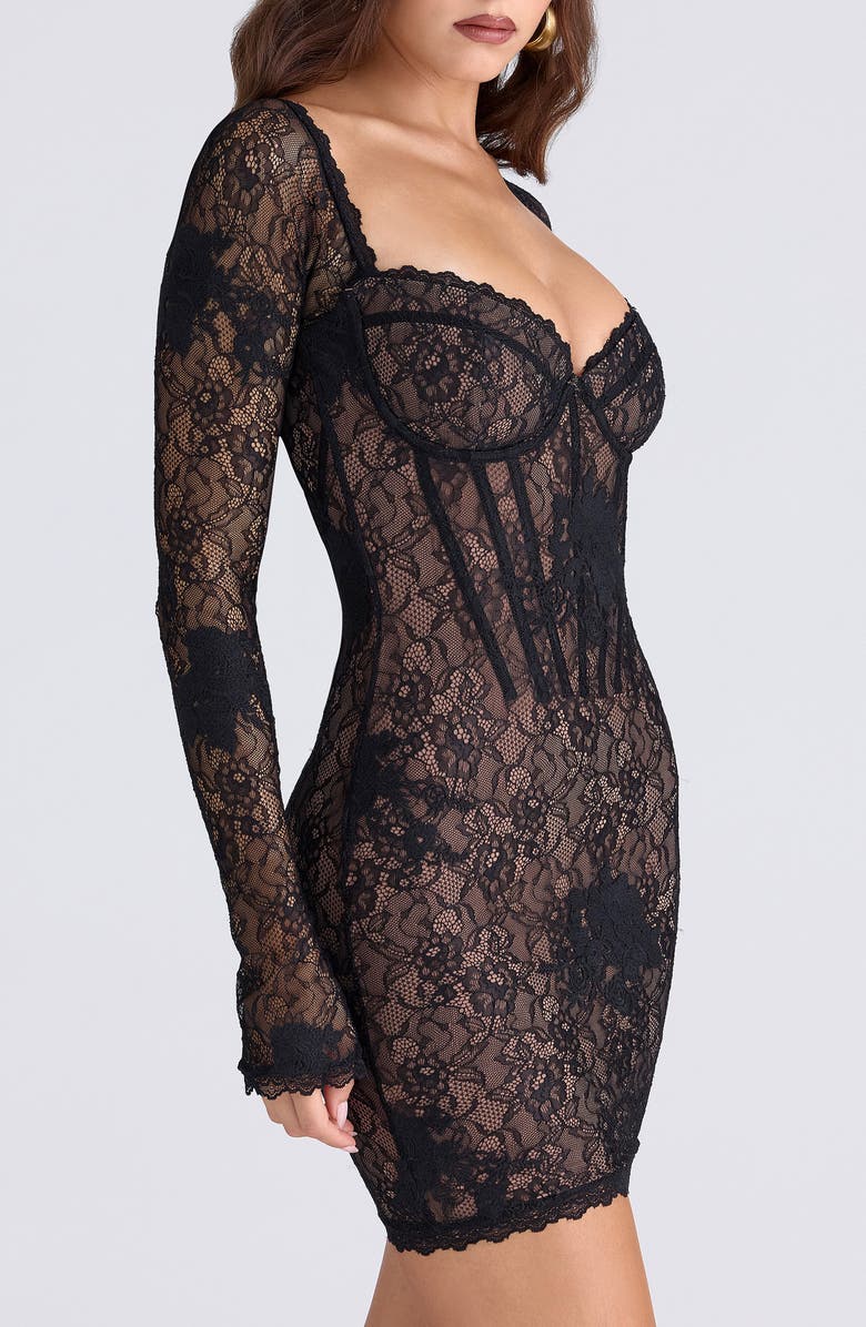 HOUSE OF CB Lucienne Long Sleeve Stretch Lace Minidress, Alternate, color, Black