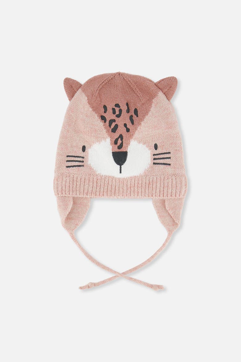 Leopard Face Fleece Lined Ear Flap Winter Knit Hat, Main, color, Pale Dusty Pink