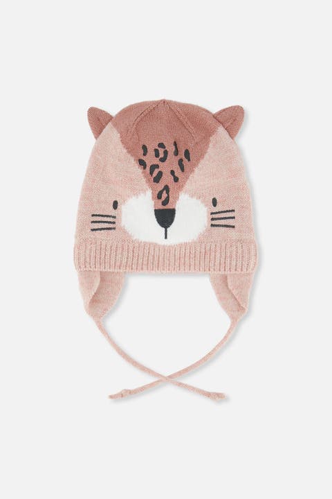 Leopard Face Fleece Lined Ear Flap Winter Knit Hat
