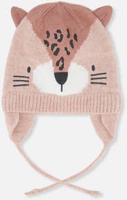 Deux par Deux Leopard Face Fleece Lined Ear Flap Winter Knit Hat