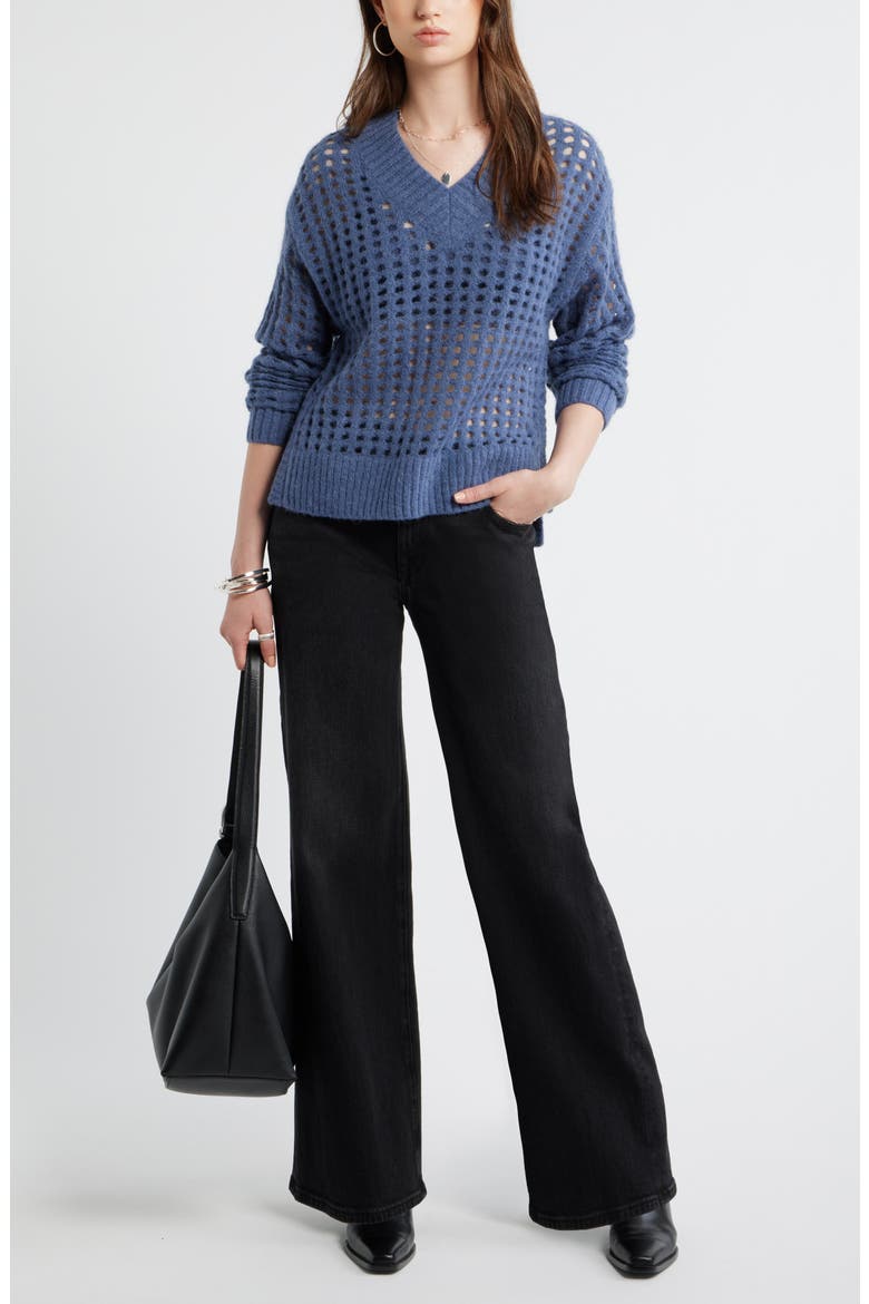 Mesh Stitch V-Neck Sweater, Alternate, color, BLUE INDIGO