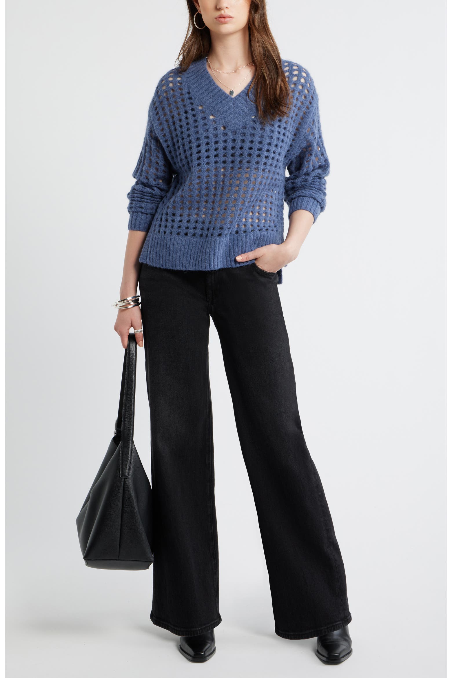 Mesh Testure Treasure & Bond Mesh Stitch V-Neck Sweater (Women) | Nordstrom