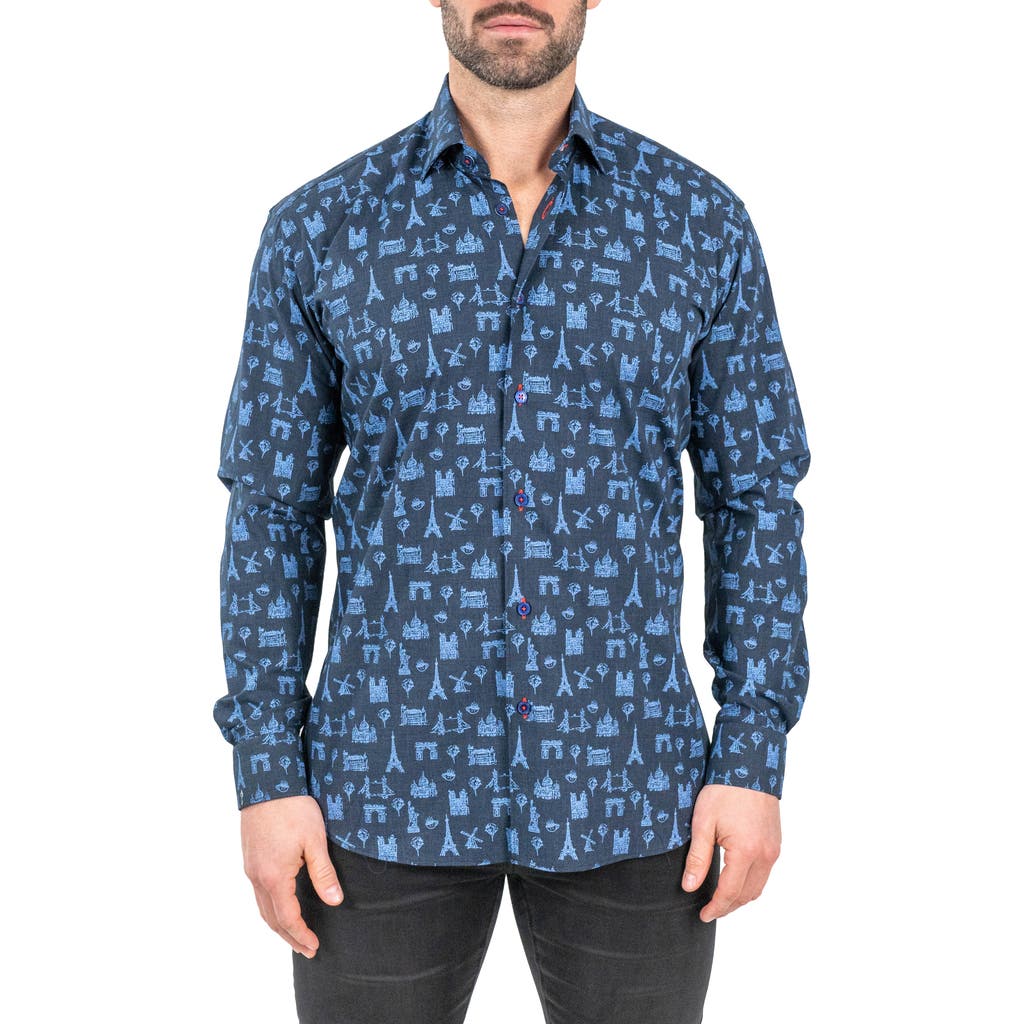 Maceoo Fibonacci Paris Tour Contemporary Fit Button-up Shirt In Blue