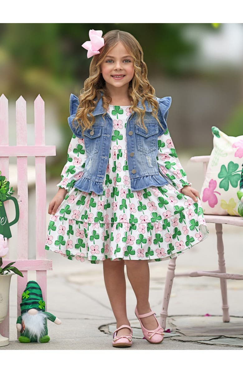 Mia Belle Girls Girls Shamrock Cutie Denim Vest and Clover Dress Set, Alternate, color,