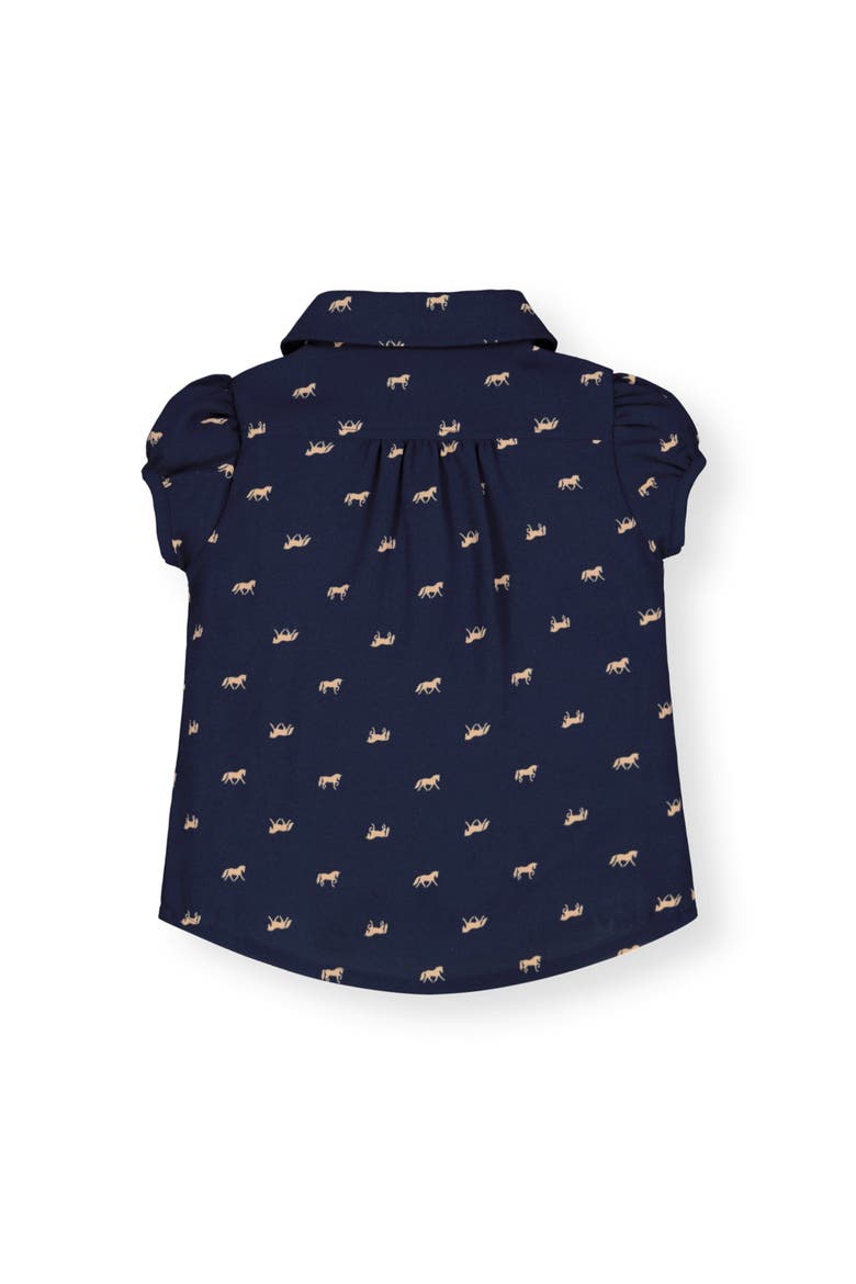 Baby Girls' Ruffle Front Shirt with Puff Sleeves, Infant, Alternate, color, Navy with Tan Horse Print