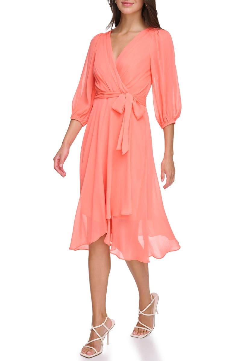 DKNY Balloon Sleeve Mock Wrap Dress, Alternate, color, Orange