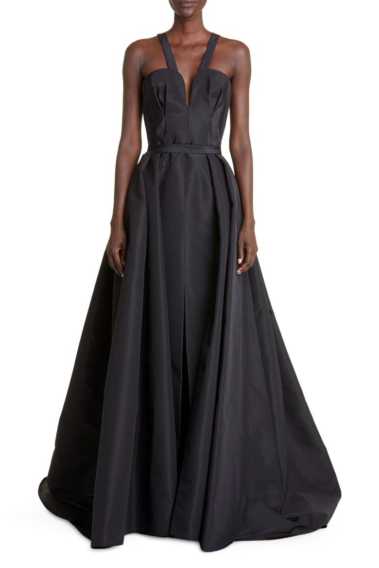 Plunge Neck Gown with Removable Overskirt, Main, color, BLACK