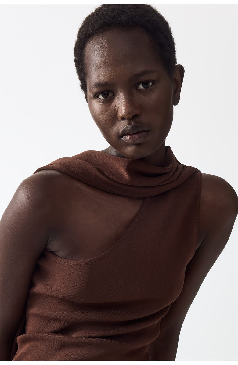H&M One-shoulder Scarf-detail Knitted Top, Alternate, color, Dark Brown