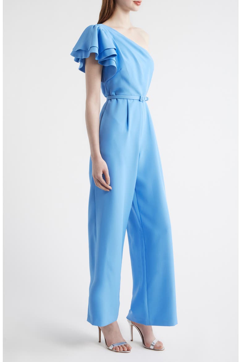 Flutter Sleeve One-Shoulder Wide Leg Scuba Knit Jumpsuit, Alternate, color, SEAPORT