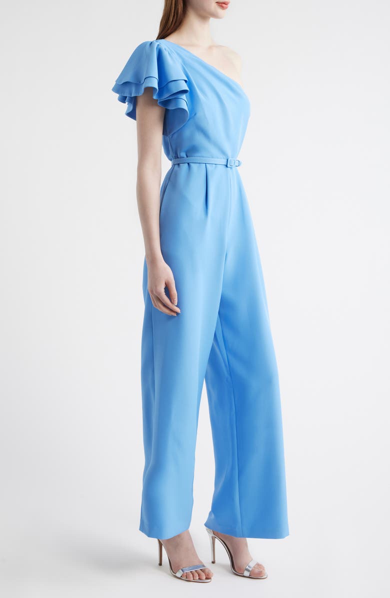 Anne Klein Flutter Sleeve One-Shoulder Wide Leg Scuba Knit Jumpsuit, Alternate, color, Seaport