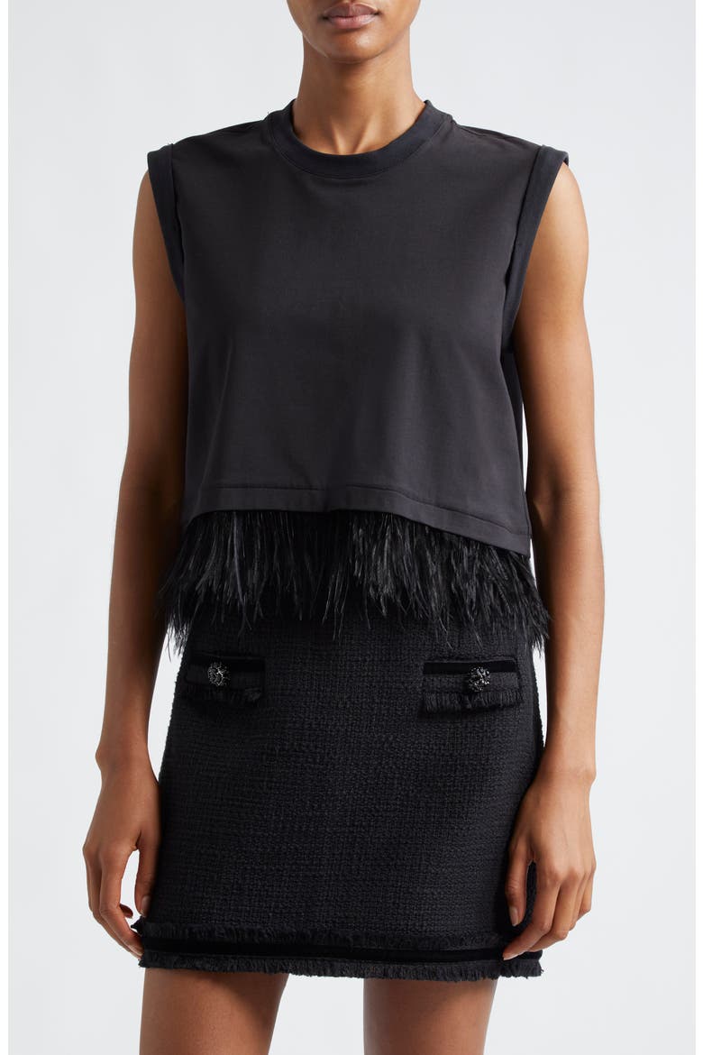 Feather Trim Crop Top, Main, color, BLACK