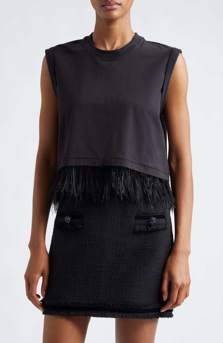 Cinq à Sept Feather Trim Crop Top, Main, color, Black