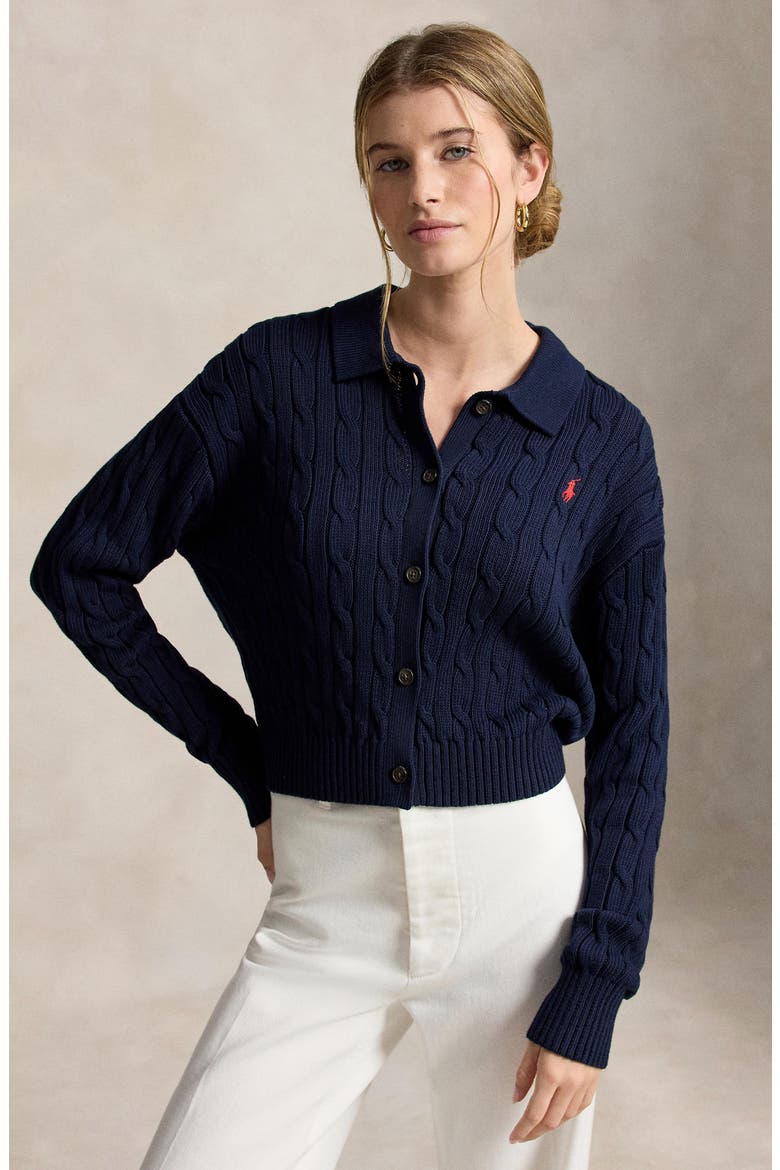 Cable Cotton Polo Collar Cardigan, Alternate, color, HUNTER NAVY