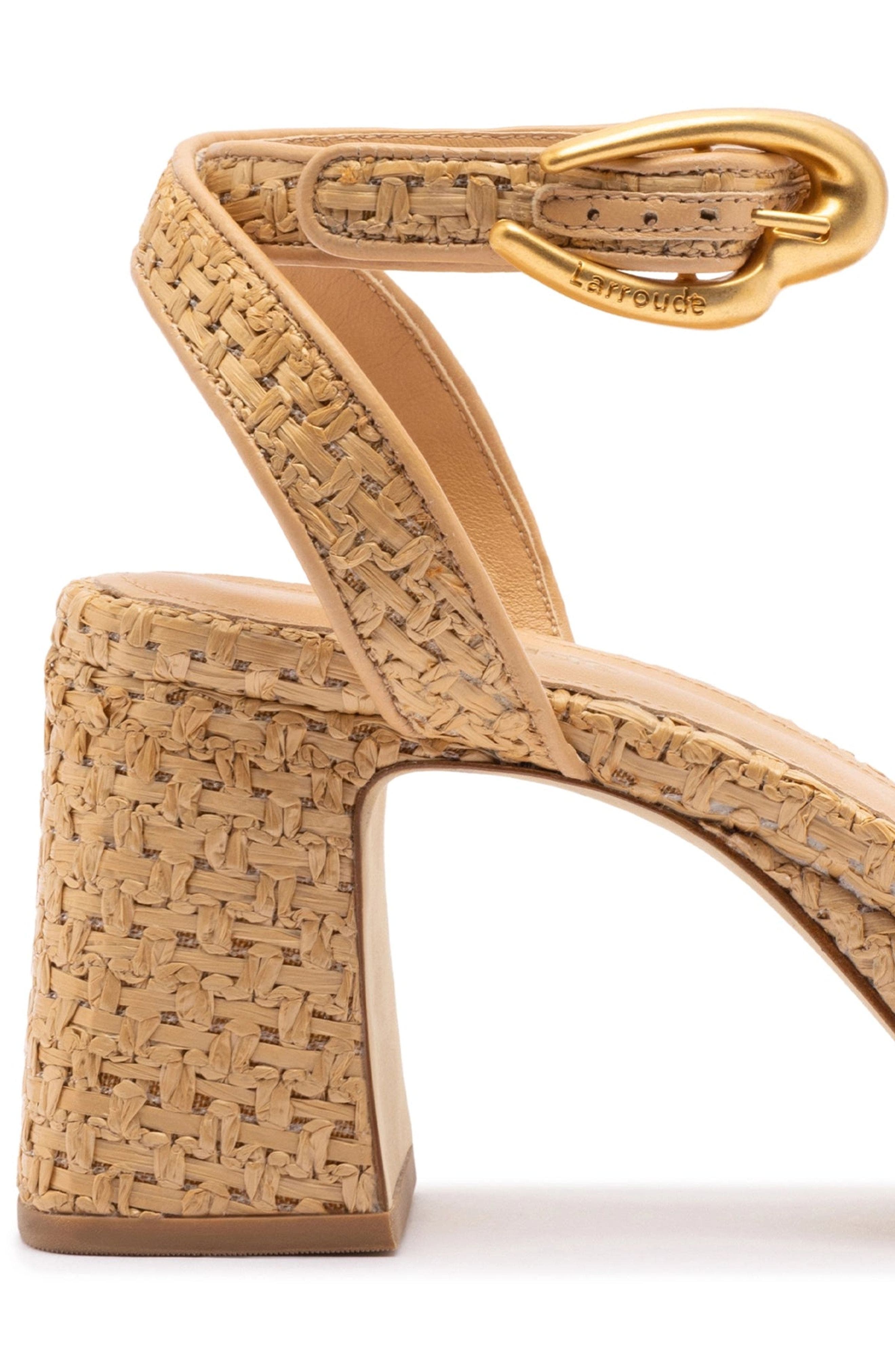 Larroudé Dolly Verona Low Sandal In Natural Raffia and Beige Leather, Alternate, color, Natural