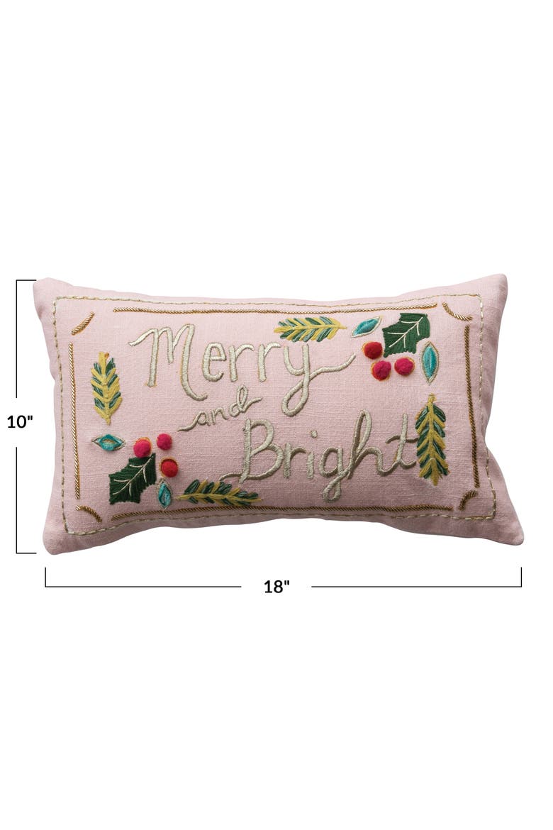 Slub Lumbar Pillow with Hand-Embroidery, Pom Poms, Beads, Metallic Thread and Velvet Back "Merry and Bright", Alternate, color, Multicolor