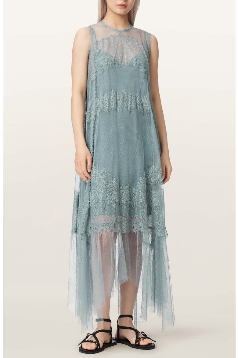 Clara Sheer Lace Sleeveless Handkerchief Hem Dress, Main, color, DUSTY BLUE