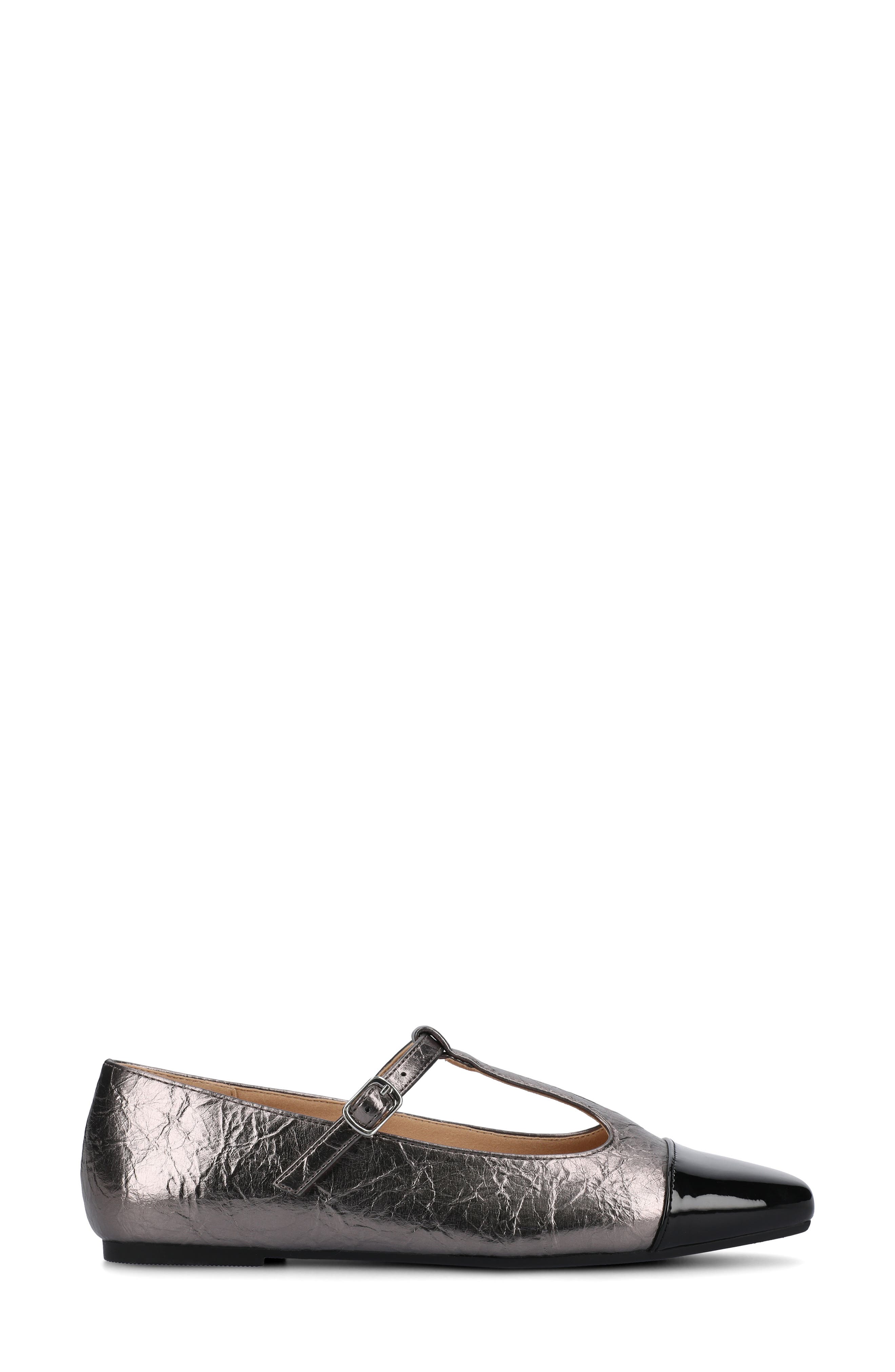Thea T-Strap Flat, Alternate, color, PEWTER CRINKLE