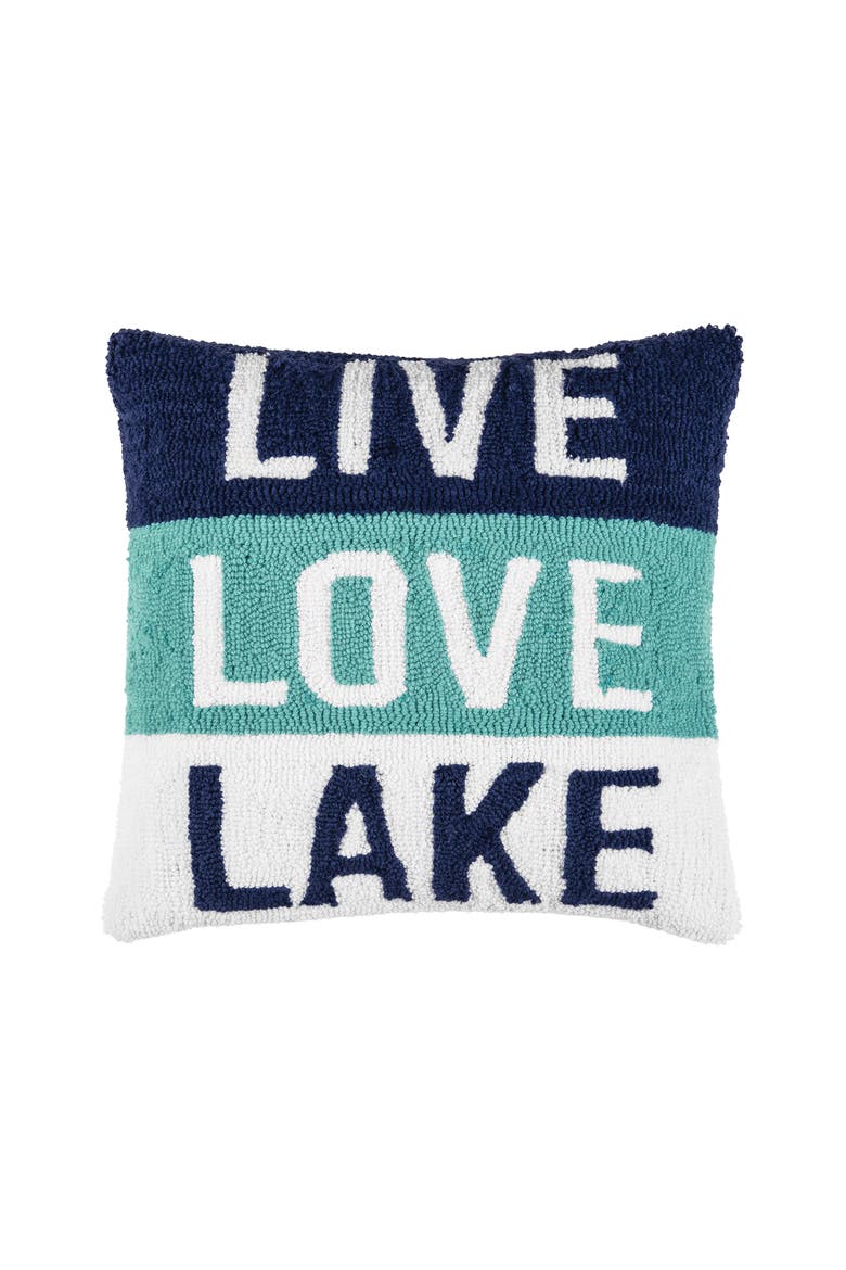 Live Love Lake Hooked Throw Pillow, 18" x 18", Main, color, Blue