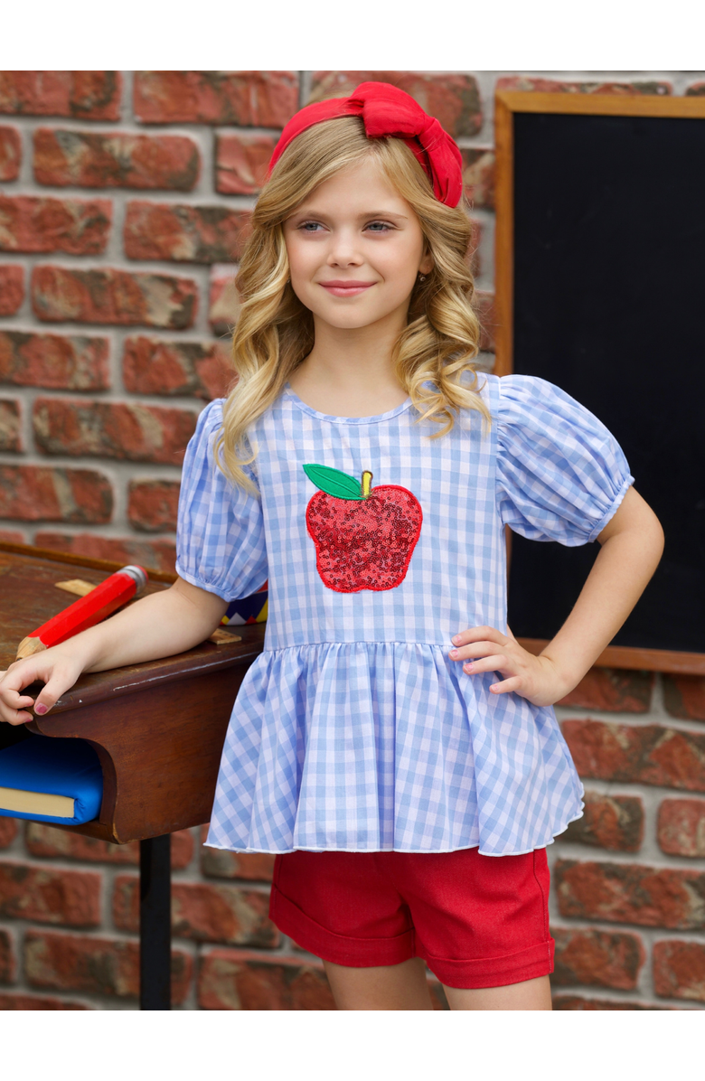 Mia Belle Girls Girls Sequin Apple Puff Sleeve Top & Red Short Set, Alternate, color, Blue