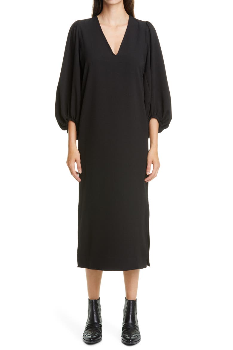 Balloon Sleeve Crêpe Dress, Main, color, BLACK