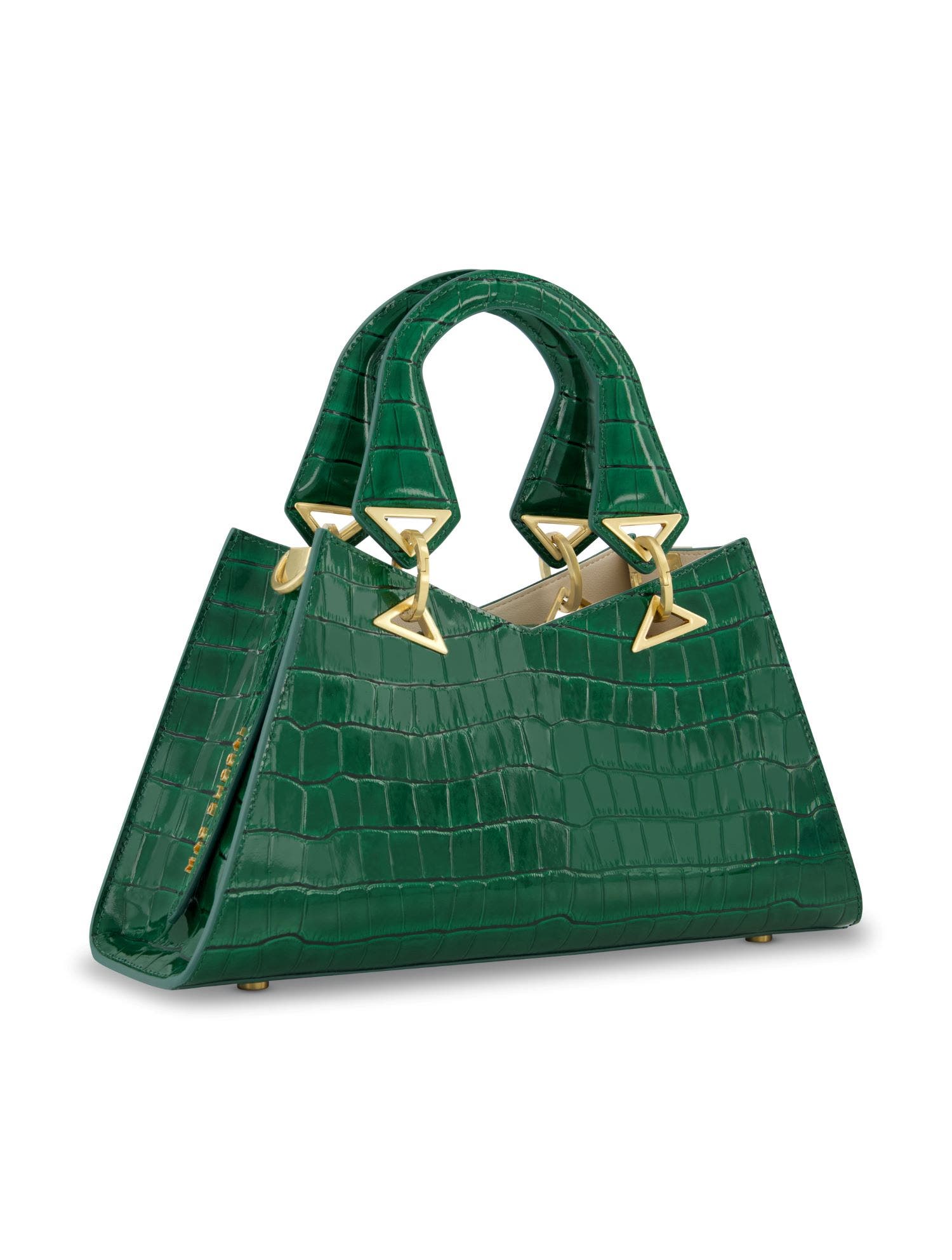 Mac Duggal Gold Plated Hardware Crocodile Embossed Leather Handbag in Deep Green 