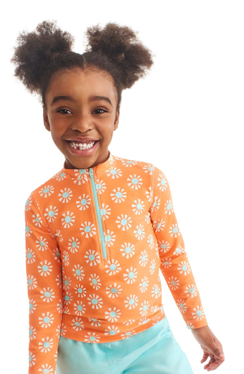 Primary Kids Long Sleeve Half-Zip Rash Guard In Cutout Suns, Alternate, color, Cantaloupe Cutout Suns