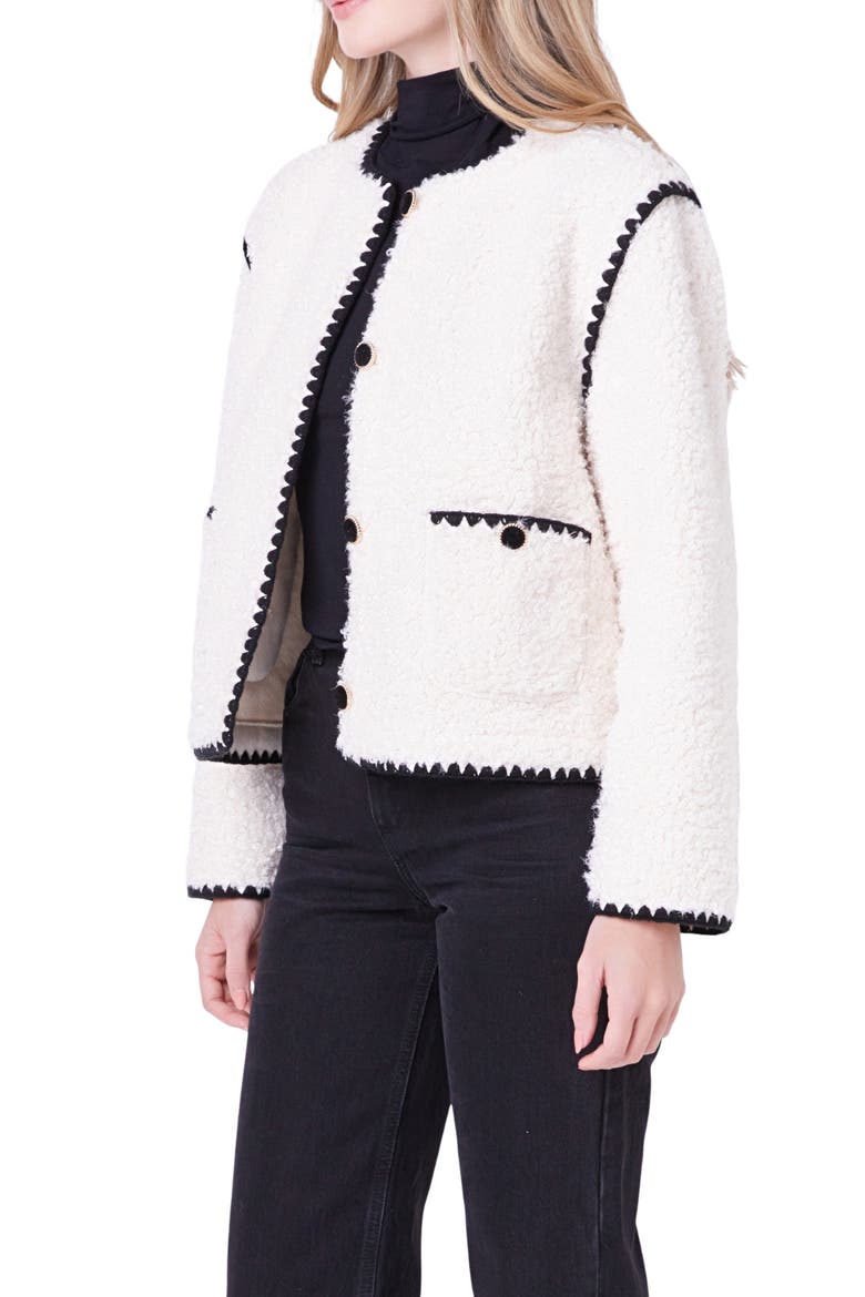 Premium Contrast Trim Faux Shearling Jacket, Alternate, color, IVORY/ BLACK