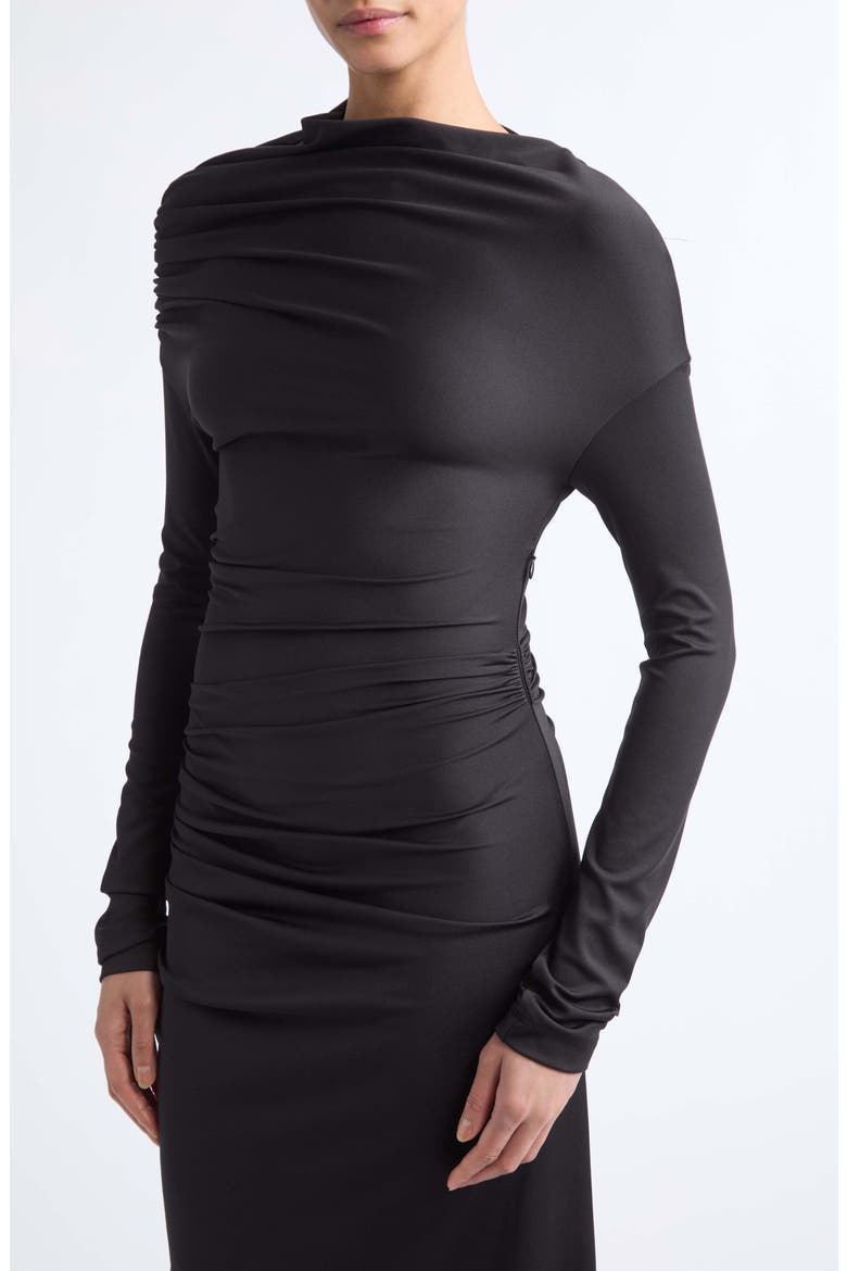 Draped Long Sleeve Column Gown, Alternate, color, BLACK