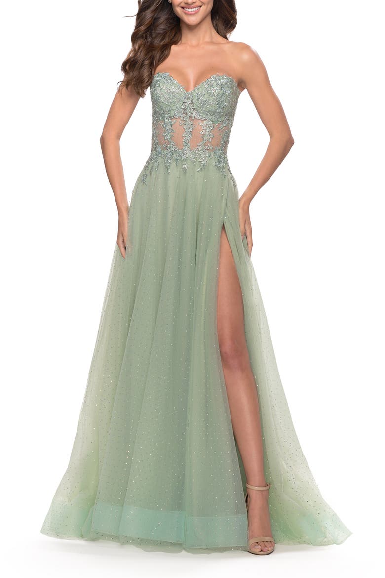 Rhinestone Tulle Gown with Sheer Lace Bodice, Alternate, color, Sage