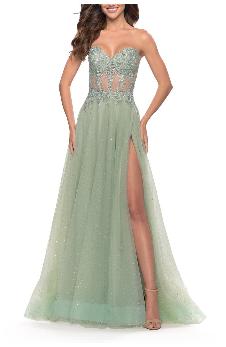 La Femme Rhinestone Tulle Gown with Sheer Lace Bodice, Alternate, color, Sage