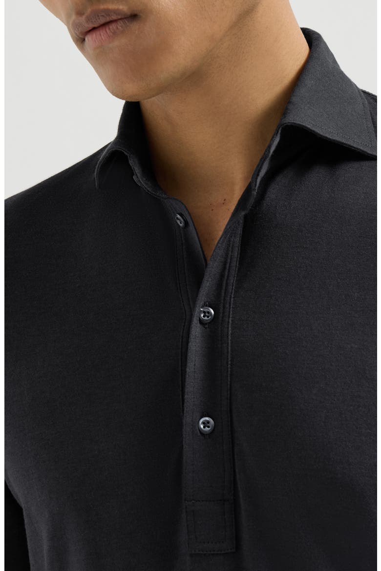 Silk and cotton lightweight jersey long sleeve polo with shirt-style collar, Alternate, color, Navy Blue