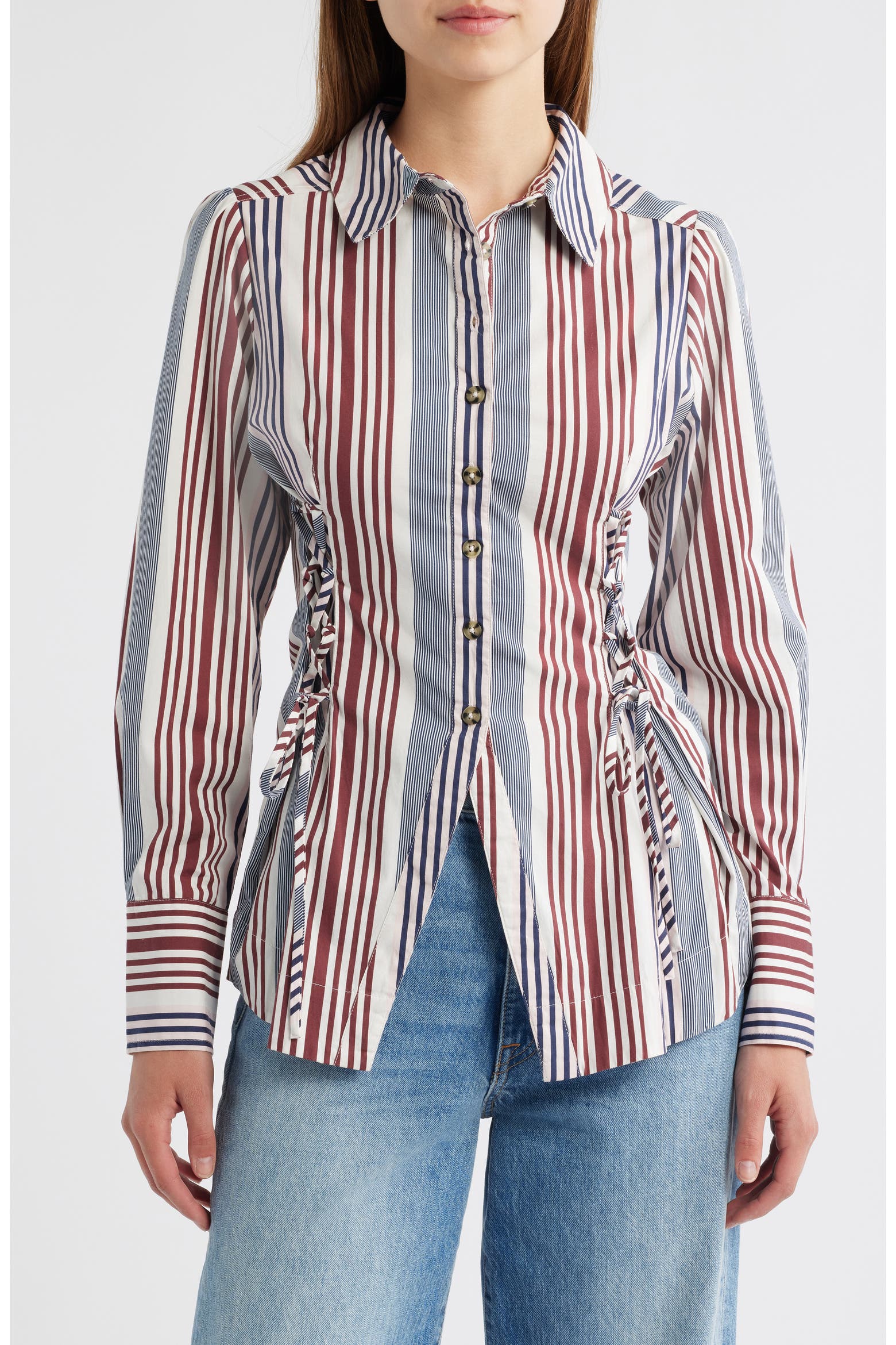 Red Black Variegated Thread Damson Madder Jilla Stripe Lace-Up Button-Up Shirt (Women) | Nordstrom