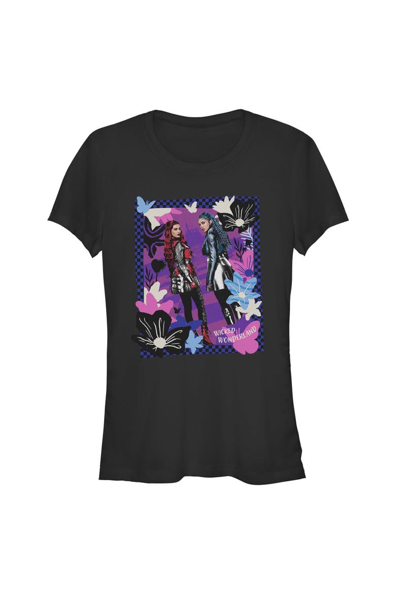 Junior's Descendants Wicked Wonderland Floral Chloe and Red Portrait  Graphic T-Shirt, Main, color, Black