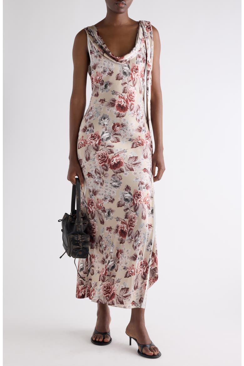 Floral Print Draped Cowl Neck Satin Midi Dress, Alternate, color, MULTI BEIGE