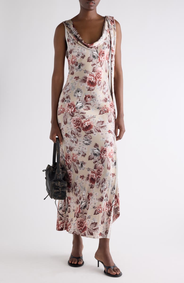 Acne Studios Floral Print Draped Cowl Neck Satin Midi Dress, Alternate, color, Multi Beige