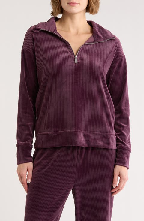 Ribbed Velour Quarter Zip Sweatshirt