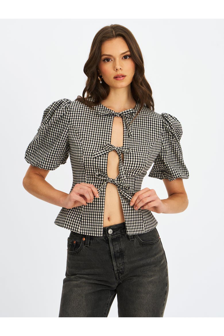 Qusayla Bow Tie Front Gingham Puff Sleeve Top, Alternate, color, Black