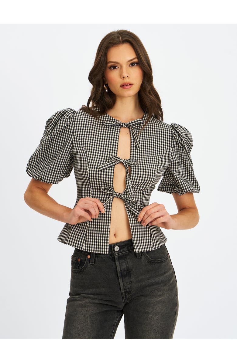 Miss Circle Qusayla Bow Tie Front Gingham Puff Sleeve Top, Alternate, color, Black